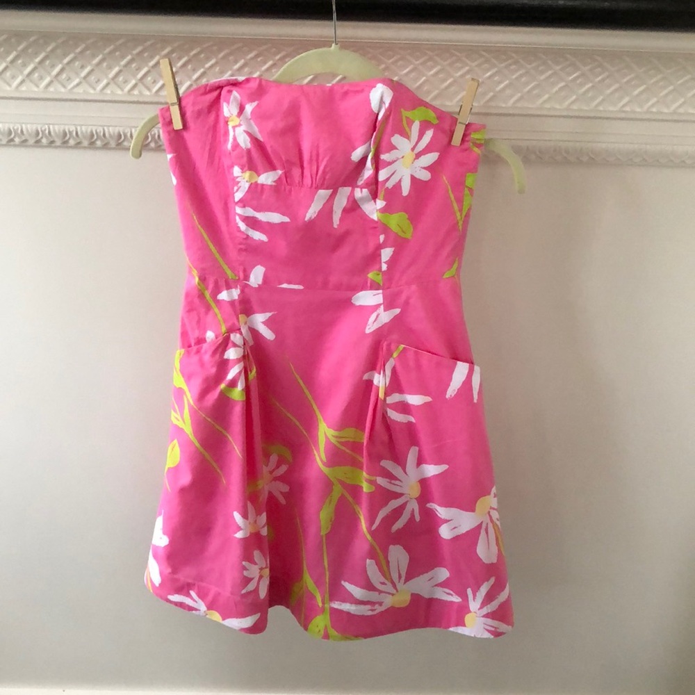 Lilly Pulitzer Pink Strapless Sunflower Blossom Dress Pockets Sz 0